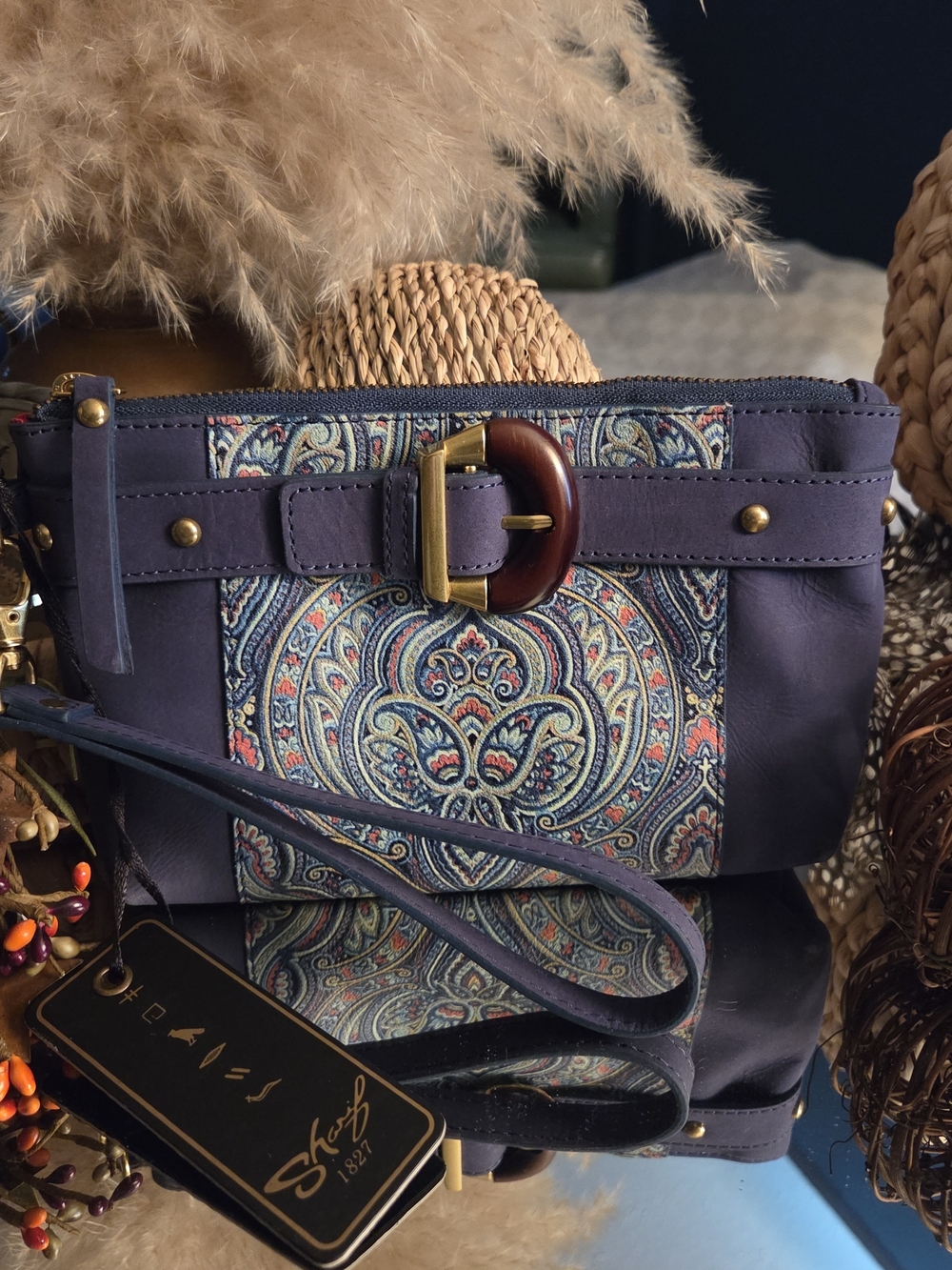 Sharif 1827 Blue Paisley Tapestry Leather Wristlet Clutch Buckle